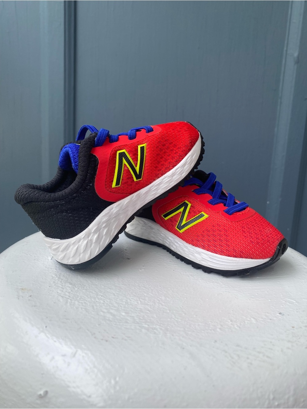 New Balance Infant Red and Black Sneakers with Blue Accents NWOT